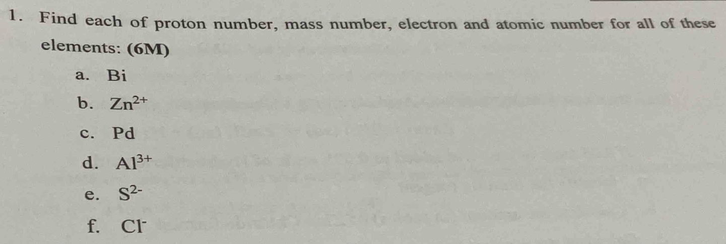 Find each of proton number, mass number, electron and atomic number for all of these 
elements: (6M) 
a. Bi
b. Zn^(2+)
c. Pd
d. Al^(3+)
e. S^(2-)
f. Cl