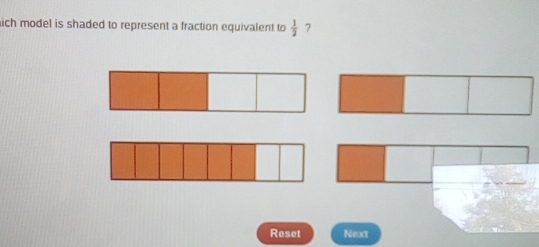 ich model is shaded to represent a fraction equivalent to  1/2  7 
Reset Next