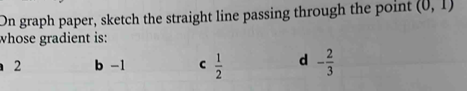 On graph paper, sketch the straight line passing through the point (0,1)
whose gradient is:
d
2 b -1 C  1/2  - 2/3 