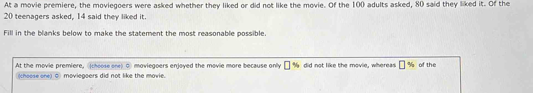 At a movie premiere, the moviegoers were asked whether they liked or did not like the movie. Of the 100 adults asked, 80 said they liked it. Of the
20 teenagers asked, 14 said they liked it. 
Fill in the blanks below to make the statement the most reasonable possible. 
At the movie premiere, (choose one) ○ moviegoers enjoyed the movie more because only % did not like the movie, whereas □ % of the 
(choose one) 。 moviegoers did not like the movie.