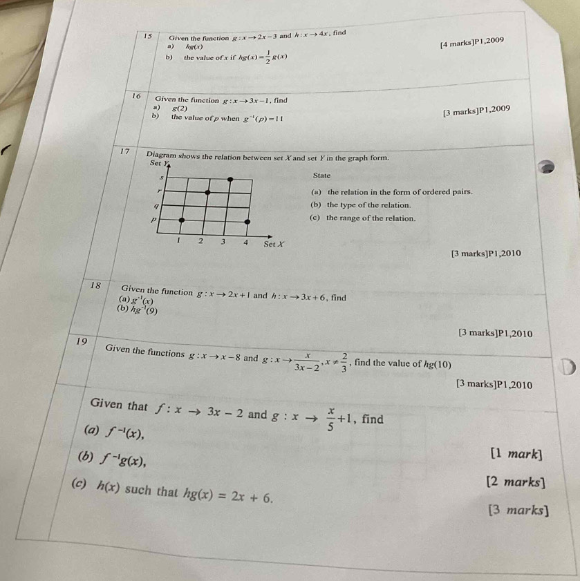 Given the function g:xto 2x-3 and h:xto 4x , find 
a) hg(x)
[4 marks]P1,2009 
b) the value of x if hg(x)= 1/2 g(x)
16 Given the function g:xto 3x-1 , find 
a) g(2)
b) the value of p when g^(-1)(p)=11
[3 marks]P1,2009 
17 Diagram shows the relation between set X and set Y in the graph form. 
Set Y
s 
State 
r (a) the relation in the form of ordered pairs. 
q (b) the type of the relation. 
p 
(c) the range of the relation. 
1 2 3 4 Set X
[3 marks]P1,2010 
18 Given the function g:xto 2x+l and h:xto 3x+6 , find 
(a) g^(-1)(x)
(b) hg^(-1)(9)
[3 marks]P1,2010 
19 Given the functions g:xto x-8 and g:xto  x/3x-2 , x!=  2/3  , find the value of hg(10)
[3 marks]P1,2010 
Given that f:xto 3x-2 and g:xto  x/5 +1 , find 
(a) f^(-1)(x), 
(b) f^(-1)g(x), 
[1 mark] 
[2 marks] 
(c) h(x) such that hg(x)=2x+6. 
[3 marks]