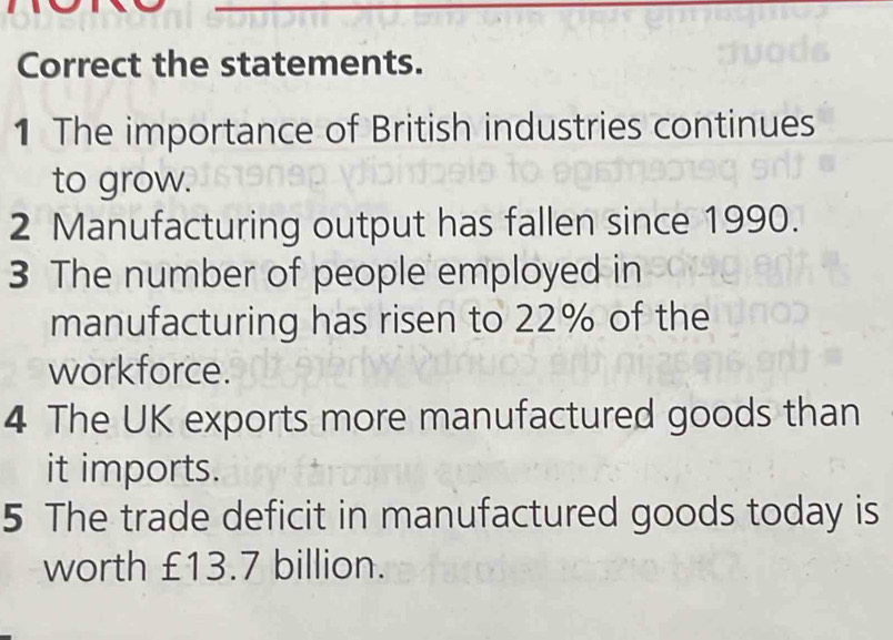 Correct the statements. 
1 The importance of British industries continues 
to grow. 
2 Manufacturing output has fallen since 1990. 
3 The number of people employed in 
manufacturing has risen to 22% of the 
workforce. 
4 The UK exports more manufactured goods than 
it imports. 
5 The trade deficit in manufactured goods today is 
worth £13.7 billion.