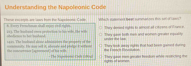 Solved: Understanding the Napoleonic Code These excerpts are laws from ...