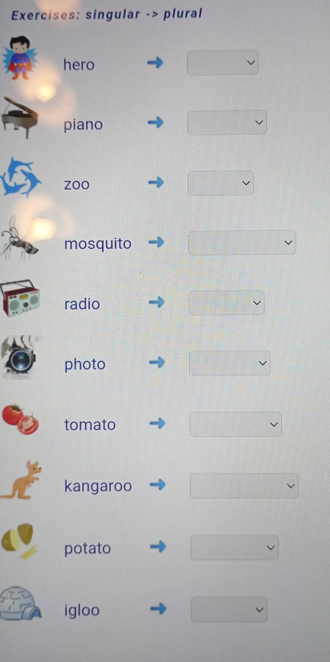 singular -> plural
hero
piano
zoo
mosquito
radio
photo
tomato
kangaroo
potato
igloo