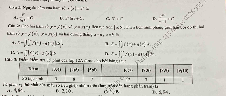 memy.
Câu 1: Nguyên hàm của hàm số f(x)=3^x là
A.  3^x/ln 3 +C. B. 3^xln 3+C. C. 3^x+C. D.  (3^(x+1))/x+1 +C.
Câu 2: Cho hai hàm số y=f(x) và y=g(x) liên tục trên [a;b] Diện tích hình phẳng giới  bởi đồ thị hai
hàm số y=f(x),y=g(x) và hai đường thẳng x=a,x=b là
A. S=|∈t _a^b[f(x)-g(x)]dx|. S=∈t _a^b|f(x)+g(x)|dx
B.
C. S=∈t _a^b|f(x)-g(x)|dx. S=∈t _a^b[f(x)-g(x)]dx.
D.
Câu 3: Điểm kiểm ttra 15 phút của lớp 12A được cho bởi bảng
liệu ghép nhóm trên (làm tròn đến hàng phần trăm) là
A. 4,84 . B. 2,10 . c. 2, 09 . D. 6,94 .