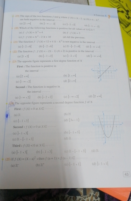 Exarcian 5
(19) The sign of the two functions f aid g where f(X)=X-2· g(x)=4-x
are both negative in the interval
(a) 32,∈fty [ (b) ]-∈fty ,-2| (c) |-2,2|
(20) Which of the following functions is positive for all values of (d) |-∈fty ,-2]
X∈ Z
(a) f:f(x)=x^2+4 (b) f:f(X)=3
(c) f:f(x)=x^2-2x+10 (d) All the previous
(21) The function f:f(x)=12+4x-x^2 is not negative in the interval_
(a) ]-2· 6[ (b) [-2· 6] (c) 31-2+6[ (d)  -∈fty +∈fty [
(22) The function f:f(X)=-(X-1)(X+2) is positive in the interval
(a) |1+2[ (b) [-1· 2] (c) ]-2+1[ (d) ]-∈fty ,∈fty |
(23) The opposite figure represents a first degree function of X
First : The function is positive in
the interval_
(a) [2,∈fty [ (b) ]1,∈fty [
(c) ]-∈fty ,2[ (d) ]2· ∈fty [
Second : The function is negative in
the interval_
(a) ]-∈fty ,2] (b) ]-2,2] (c) ]-∈fty ,2[ (d) ]2,∈fty [
The opposite figure represents a second degree function f of X
First ; f(X)=0 at x∈ _
(a)R (b) 
(c) [-1,3] (d)  3,-1
Second : f(X)>0 at X∈ _
(a) ]-1,3[ (b) [-1,3]
(c) E-[-1,3] (d)E 
Third : f(X)<0</tex> at x∈ _
(a) ]-1,3[ (b) [-1,3] (c) □ -[-1,3] (d)R
(25) If f(X)=(X-a)^2 , then f(a+1)* f(a-1)∈ _
(a) R (b) 3^+ (c) [-1,1] (d) ]-1,1[
43