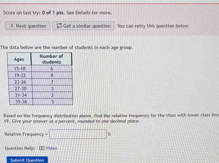 Score on last try: 0 of 1 pts. See Details for more. 
Next question Get a similar question You can retry this question below 
The data below are the number of students in each age group. 
Based on the frequency distribution above, find the relative frequency for the class with lower class lim 
19. Give your answer as a percent, rounded to one decimal place. 
Relative Frequency =□ %
Question Help: Video 
Submit Question