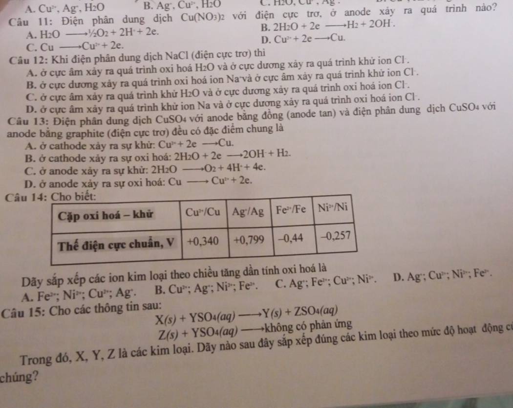 A. Cu^(2+),Ag^+,H_2O B. Ag^-,Cu^(2+),H_2O C. H2 J,CU,Ag
Câu 11: Điện phân dung dịch Cu(NO_3)_2 với điện cực trở, ở anode xảy ra quá trình nào?
A. H_2O _^1/_2O_2+2H^++2e.
B. 2H_2O+2eto H_2+2OH.
D. Cu^(2+)+2eto Cu.
C. Cu → Cu^(2+)+2e.
Câu 12: Khi điện phân dung dịch NaCl (điện cực trơ) thi
A. ở cực âm xảy ra quá trình oxi hoá H_2O và ở cực dương xảy ra quá trình khử ion Cl.
B. ở cực dương xây ra quá trình oxi hoá ion Na và ở cực âm xảy ra quá trình khử ion Cl .
C. ở cực âm xảy ra quá trình khử H_2O ởvà ở cực dương xảy ra quá trình oxi hoá ion Cl .
D. ở cực âm xảy ra quá trình khử ion Na và ở cực dương xảy ra quá trình oxi hoá ion Cl .
Câu 13: Điện phân dung dịch CuSO4 với anode bằng đồng (anode tan) và điện phân dung dịch CuSO4 với
anode bằng graphite (điện cực trơ) đều có đặc điểm chung là
A. ở cathode xảy ra sự khử: Cu^(2+)+2e _ to ( u.
B. ở cathode xảy ra sự oxi hoá: 2H_2O+2eto 2OH+H_2.
C. ở anode xảy ra sự khử: 2 H_2C ) →→ O_2+4H^++4e.
D. ở anode xảy ra sự oxi hoá: Cu to Cu^(2+)+2e.
Câu
Dãy sắp xếp các ion kim loại theo chiều tăng dần tính oxi hoá là
A. Fe²; Ni²; Cu²; Ag. B. Cu²; Ag'; Ni^2; Fe. C. A 3' :Fe^(2+). Cu^(2+);Ni. D. Ag·; Cu≥; Ni>; Feã.
Câu 15: Cho các thông tin sau: X(s)+YSO_4(aq)to Y(s)+ZSO_4(aq)
Z(s)+YSO_4(aq)to không có phản ứng
Trong đó, X, Y, Z là các kim loại. Dãy nào sau đây sắp xếp đúng các kim loại theo mức độ hoạt động có
chúng?