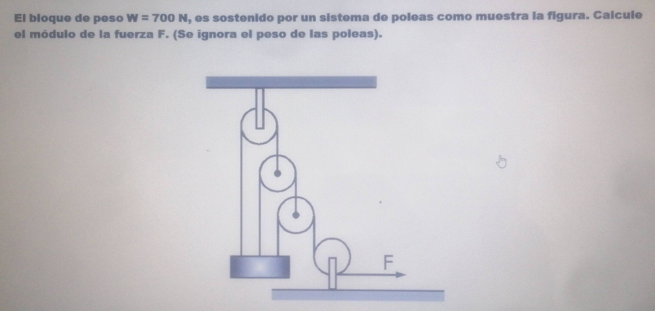 El bioque de peso W=700N , es sostenido por un sistema de poleas como muestra la figura. Calcule 
el módulo de la fuerza F. (Se ignora el peso de las poleas).