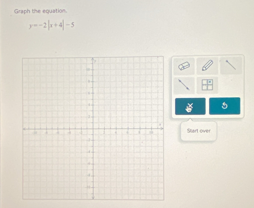 Graph the equation.
y=-2|x+4|-5
Start over