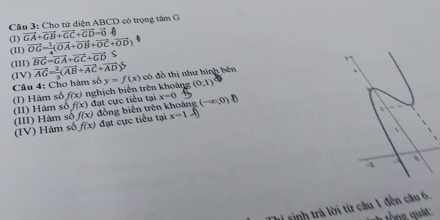 Cho tứ diện ABCD có trọng tâm G 
(I) vector GA+vector GB+vector GC+vector GD=vector 0 A 
(II) vector OG= 1/4 (vector OA+vector OB+vector OC+vector OD)
(III) vector BG=vector GA+vector GC+vector GD
, 
(IV) vector AG= 2/3 (vector AB+vector AC+vector AD) có đồ thị như hình bên 
Câu 4: Cho hàm số y=f(x)
(I) Hàm số f(x) nghịch biến trên khoảng (0;1)
(II) Hàm số f(x) đạt cực tiểu tại x=0
(III) Hàm số f(x) đồng biến trên khoảng (-∈fty ,0)
2 
(IV) Hàm số f(x) đạt cực tiểu tại x=1
、 
。 
a 
hi sinh trả lời từ câu 1 đến câu 6, 
* tổng quát