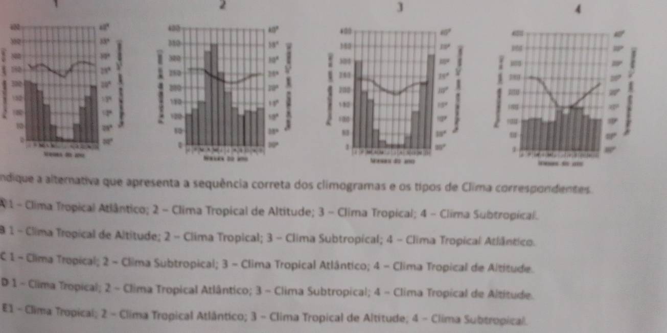 2
]
4
 
  
 
 
 
 
 
 
andique a alternativa que apresenta a sequência correta dos climogramas e os tipos de Clima correspondentes.
A 1 - Clima Tropical Atlântico; 2 - Clima Tropical de Altitude; 3 - Clima Tropical; 4 - Clima Subtropical.
8 1 - Clima Tropical de Altitude; 2 - Clima Tropical; 3 - Clima Subtropical; 4 - Clima Tropical Atlântico.
C 1 - Clima Tropical; 2 - Clima Subtropical; 3 - Clima Tropical Atlântico; 4 - Clima Tropical de Altitude.
D 1 - Clima Tropical; 2 - Clima Tropical Atlântico; 3 - Clima Subtropical; 4 - Clima Tropical de Altitude.
E1 - Clima Tropical; 2 - Clima Tropical Atlântico; 3 - Clima Tropical de Altitude; 4 - Clima Subtropical.