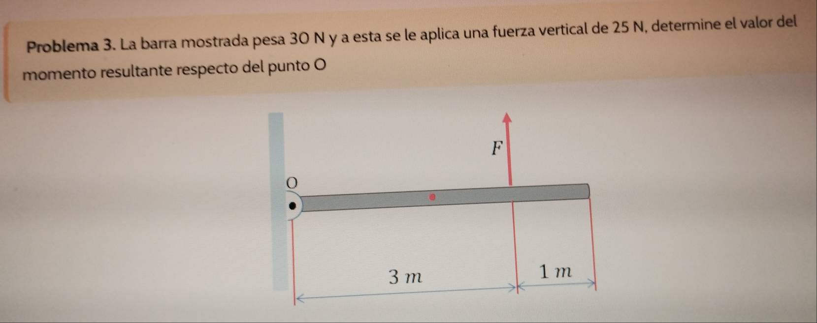 Problema 3. La barra mostrada pesa 30 N y a esta se le aplica una fuerza vertical de 25 N, determine el valor del 
momento resultante respecto del punto O