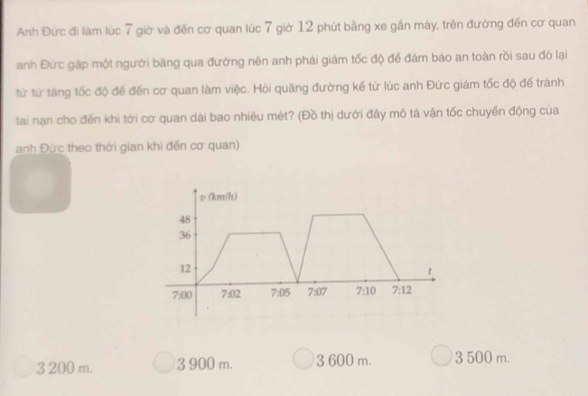 Anh Đức đi làm lúc 7 giờ và đến cơ quan lúc 7 giờ 12 phút bằng xe gần máy, trên đường đến cơ quan
anh Đức gập một người băng qua đường nên anh phái giám tốc độ để đám bảo an toàn rồi sau đó lại
từ từ tăng tốc độ đế đến cơ quan làm việc. Hỏi quãng đường kế từ lúc anh Đức giám tốc độ đế tránh
tai nan cho đến khi tới cơ quan dài bao nhiêu mét? (Đồ thị dưới đây mô tá vận tốc chuyến động của
anh Đức theo thời gian khi đến cơ quan)
υ(km/h)
48
36
12
t
7:00 7:02 7:05 7:07 7:10 7:12
3 200 m. 3 900 m. 3 600 m. 3 500 m.