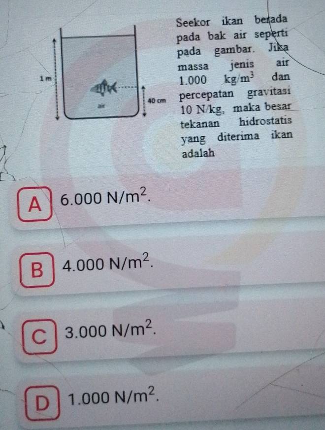 Seekor ikan berada
pada bak air seperti
pada gambar. Jika
massa jenis air
1 m 1.000 kg/m^3 dan
40 cm percepatan gravitasi
10 N/k H_2 maka besar
tekanan hidrostatis
yang diterima ikan
adalah
A 6.000N/m^2.
B 4.000N/m^2.
C 3.000N/m^2.
D 1.000N/m^2.