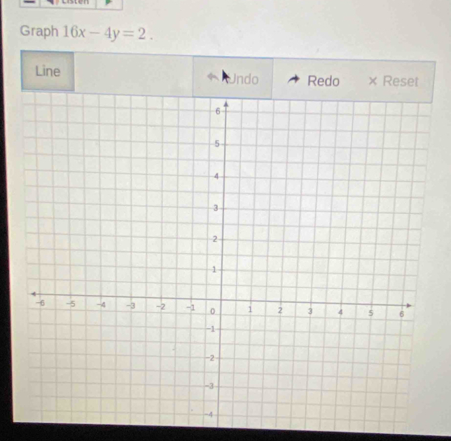 Graph 16x-4y=2. 
Line Undo Redo × Reset