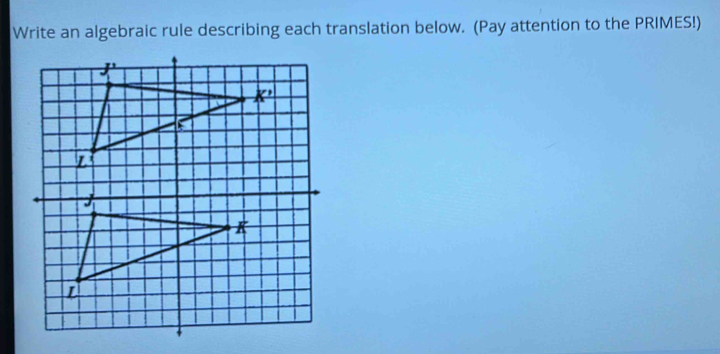 Write an algebraic rule describing each translation below. (Pay attention to the PRIMES!)