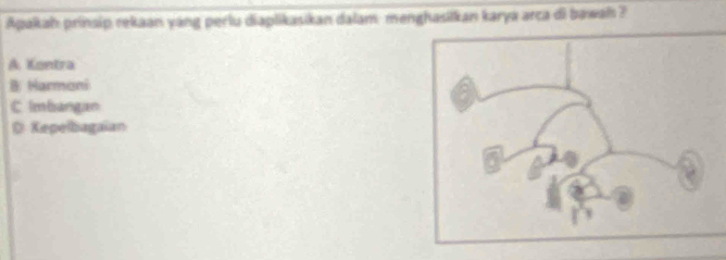 Apakah prinsip rekaan yang perlu diaplikasikan dalam menghasilkan karya arca di bawah ?
A. Kontra
B Harmoni
C Imbangan
D Kepelbagaian