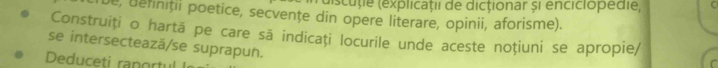 discuțe (explicaţi de dictionar și enciciopedie, 
De, definiții poetice, secvențe din opere literare, opinii, aforisme). 
Construiți o hartă pe care să indicați locurile unde aceste noțiuni se apropie/ 
se intersectează/se suprapun. 
Deduceti ranortu