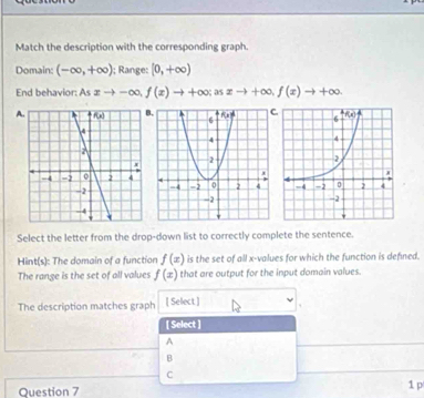 Match the description with the corresponding graph.
Domain: (-∈fty ,+∈fty ); Range: [0,+∈fty )
End behavior: A xto -∈fty ,f(x)to +∈fty ;asxto +∈fty ,f(x)to +∈fty
A..
 
Select the letter from the drop-down list to correctly complete the sentence.
Hint(s): The domain of a function f(x) is the set of all x-values for which the function is defined.
The range is the set of all values f(x) that are output for the input domain values.
The description matches graph [ Select ]
[ Select ]
A
B
C
Question 7
1 p