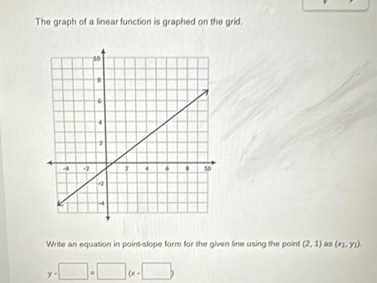 The graph of a linear function is graphed on the grid. 
Write an equation in point-slope form for the given line using the point (2,1) (x_1,y_1).
y-□ =□ (x-□ )