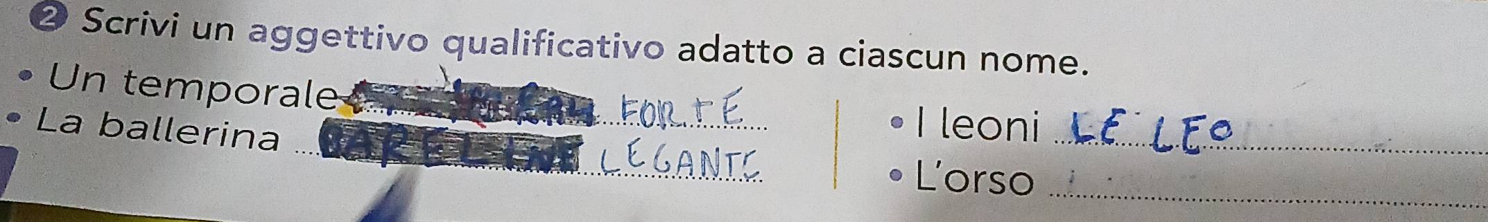 ② Scrivi un aggettivo qualificativo adatto a ciascun nome. 
_ 
Un temporale __I leoni 
La ballerina 
_ 
Lorso 
_