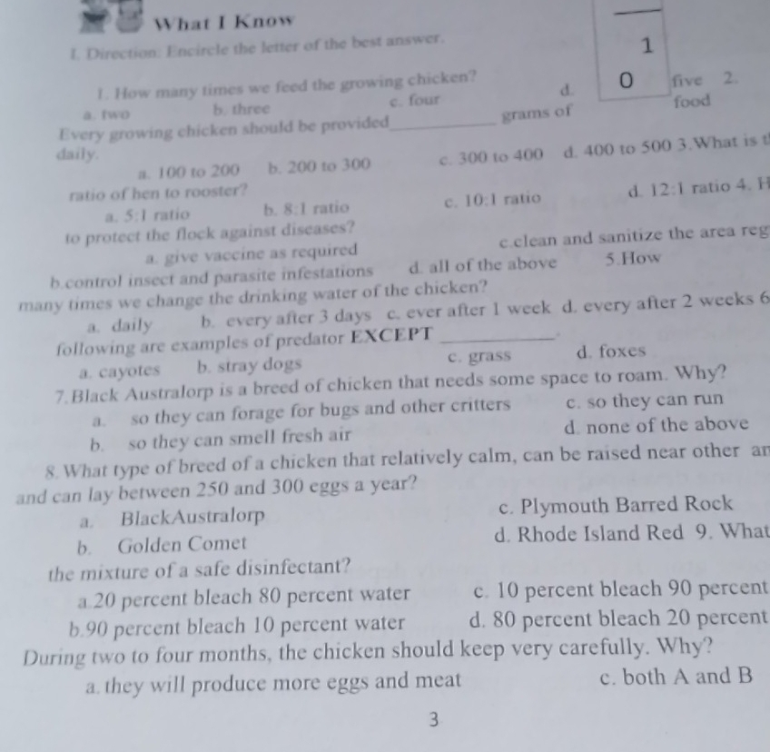 What I Know
I. Direction: Encircle the letter of the best answer.
1
d. 0
1. How many times we feed the growing chicken?
a. two b. three c. four five 2.
grams of
Every growing chicken should be provided_ food
daily.
a. 100 to 200 b. 200 to 300 c. 300 to 400 d. 400 to 500 3.What is t
ratio of hen to rooster? d. 12:1 ratio 4. H
a. 5:1 ratio b. 8:1 ratio c. 10:1 ratio
to protect the flock against diseases?
a. give vaccine as required c.clean and sanitize the area reg
b.control insect and parasite infestations d. all of the above 5.How
many times we change the drinking water of the chicken?
a. daily b. every after 3 days c. ever after 1 week d. every after 2 weeks 6
following are examples of predator EXCEPT_
.
a. cayotes b. stray dogs c. grass d. foxes
7.Black Australorp is a breed of chicken that needs some space to roam. Why?
a. so they can forage for bugs and other critters c. so they can run
b. so they can smell fresh air d none of the above
8. What type of breed of a chicken that relatively calm, can be raised near other ar
and can lay between 250 and 300 eggs a year?
a. BlackAustralorp c. Plymouth Barred Rock
b. Golden Comet d. Rhode Island Red 9. What
the mixture of a safe disinfectant?
a 20 percent bleach 80 percent water c. 10 percent bleach 90 percent
b. 90 percent bleach 10 percent water d. 80 percent bleach 20 percent
During two to four months, the chicken should keep very carefully. Why?
a. they will produce more eggs and meat c. both A and B
3