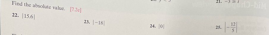 -3≥ t
Find the absolute value. [7.2e] |- 12/5 |
22. |15.6|
23. |-18| 24. |0|
25.