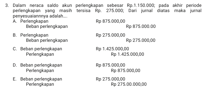 Dalam neraca saldo akun perlengkapan sebesar Rp.1.150.000; pada akhir periode
perlengkapan yang masih tersisa Rp. 275.000; Dari jurnal diatas maka jurnal
penyesuaiannnya adalah....
A. Perlengkapan Rp 875.000,00
Beban perlengkapan Rp 875.000.00
B. Perlengkapan Rp 275.000,00
Beban perlengkapan Rp 275.000,00
C. Beban perlengkapan Rp 1.425.000,00
Perlengkapan Rp 1.425.000,00
D. Beban perlengkapan Rp 875.000,00
Perlengkapan Rp 875.000,00
E. Beban perlengkapan Rp 275.000,00
Perlengkapan Rp 275.00.000,00