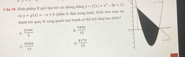 y-x
Câu 10. Hình phẳng H giới hạn bởi các đường thắng y=f(x)=x^2-8x+12 x=f(x)
và y=g(x)=-x+6 (phần tô đậm trong hình). Khối tròn xoay tạo
thành khi quay H xung quanh trục hoành có thể tích bằng bao nhiêu?
A.  216π /5  B.  949π /15 
C  836π /15 
D.  817π /15 