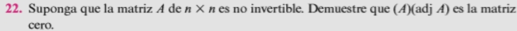 Suponga que la matriz A de n × n es no invertible. Demuestre que (A)(adj A) es la matriz 
cero.