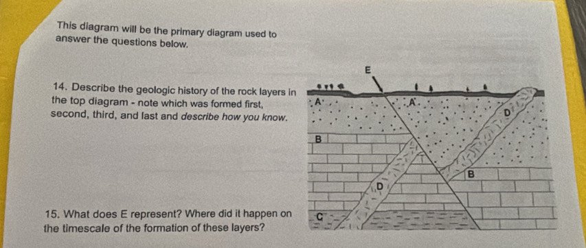 This diagram will be the primary diagram used to 
answer the questions below. 
14. Describe the geologic history of the rock layers 
the top diagram - note which was formed first, 
second, third, and last and describe how you know. 
15. What does E represent? Where did it happen o 
the timescale of the formation of these layers?