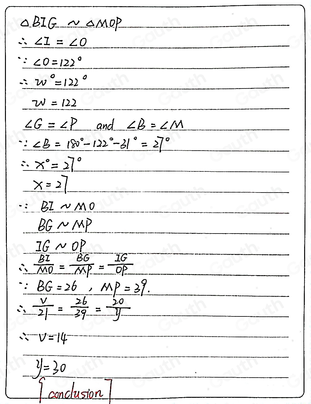 Solved: BIG is similar to MOP. Find v, w, x, and y. Figure is not drawn ...