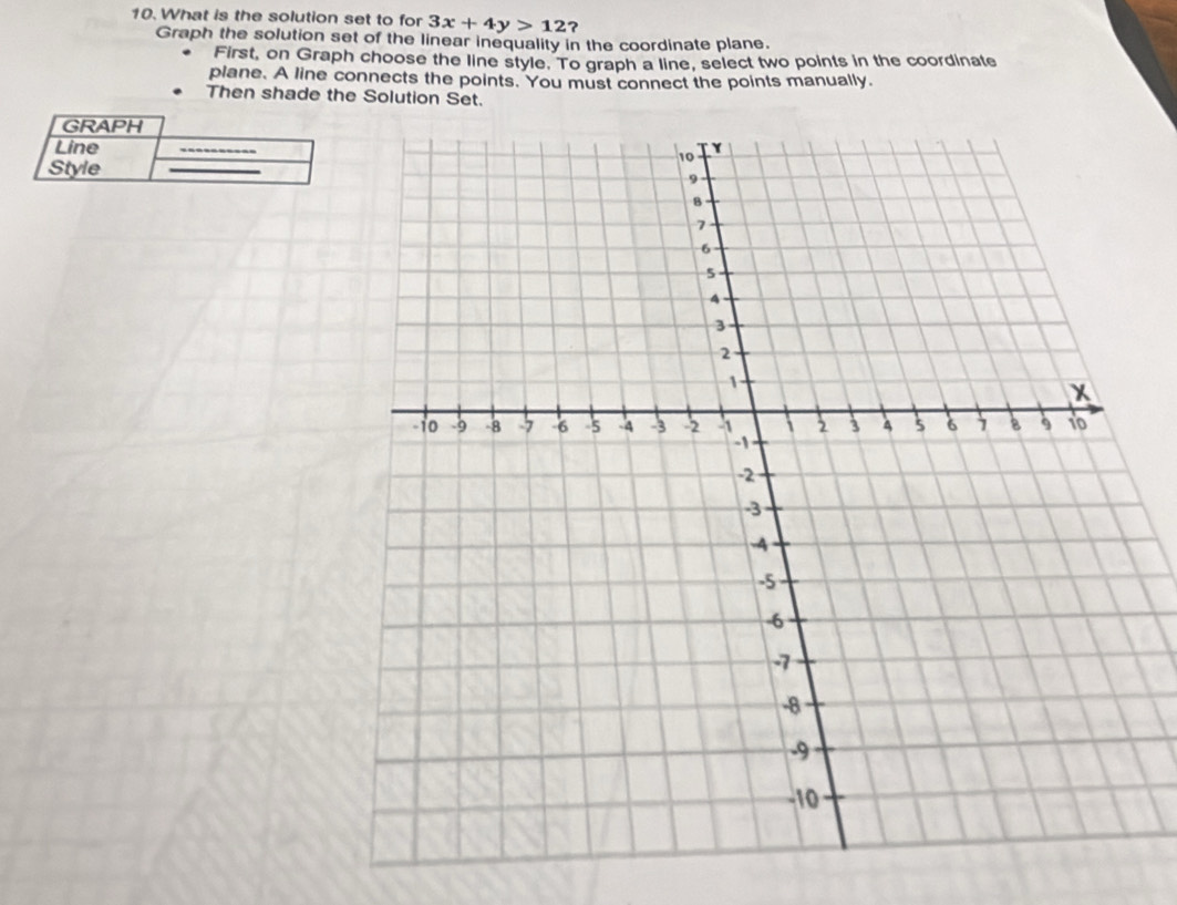 What is the solution set to for 3x+4y>12 ? 
Graph the solution set of the linear inequality in the coordinate plane. 
First, on Graph choose the line style. To graph a line, select two points in the coordinate 
plane. A line connects the points. You must connect the points manually. 
Then shade the Solution Set.