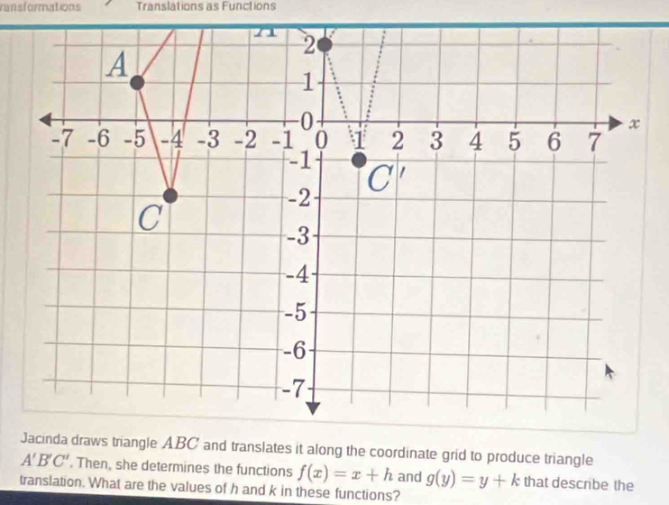 ransformations Translations as Functions
Jacinda draws triangle ABC and translates it along the coordinate grid to produce triangle
A'B'C'. Then, she determines the functions f(x)=x+h and g(y)=y+k that describe the
translation. What are the values of h and k in these functions?