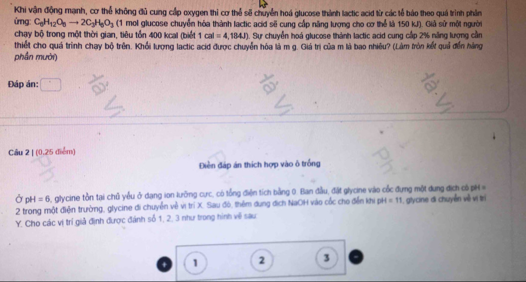 Khi vận động mạnh, cơ thể không đủ cung cấp oxygen thì cơ thể sẽ chuyển hoá glucose thành lactic acid từ các tế bảo theo quá trình phản 
ứng: C_6H_12O_6to 2C_3H_6O_3 (1 mol glucose chuyễn hóa thành lactic acid sẽ cung cấp năng lượng cho cơ thể là 150 kJ). Giả sử một người 
chạy bộ trong một thời gian, tiêu tốn 400 kcal (biết 1cal=4,184J) Sự chuyển hoá glucose thành lactic acid cung cấp 2% năng lượng cần 
thiết cho quá trình chạy bộ trên. Khối lượng lactic acid được chuyển hóa là m g. Giá trị của m là bao nhiêu? (Làm tròn kết quả đến hàng 
phần mười) 
Đáp án: 
Câu 2 | (0,25 điểm) 
Điền đáp án thích hợp vào ô trống 
Ở pH=6 , glycine tồn tại chủ yếu ở dang ion lưỡng cực, có tổng điện tích bằng 0. Ban đầu, đặt glycine vào cốc đựng một dung địch có pH = 
2 trong một điện trường, glycine di chuyển về vị trí X. Sau đó, thêm dung địch NaOH vào cốc cho đến khi p H=11 , glycine di chuyễn về vị trị
Y. Cho các vị trí giả định được đánh số 1, 2, 3 như trong hình vẽ sau
+ 1
2
3