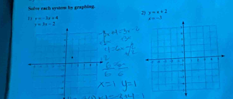 Solve each system by graphing. 
2) y=x+2
1) y=-3x+4 x=-3
y=3x-2