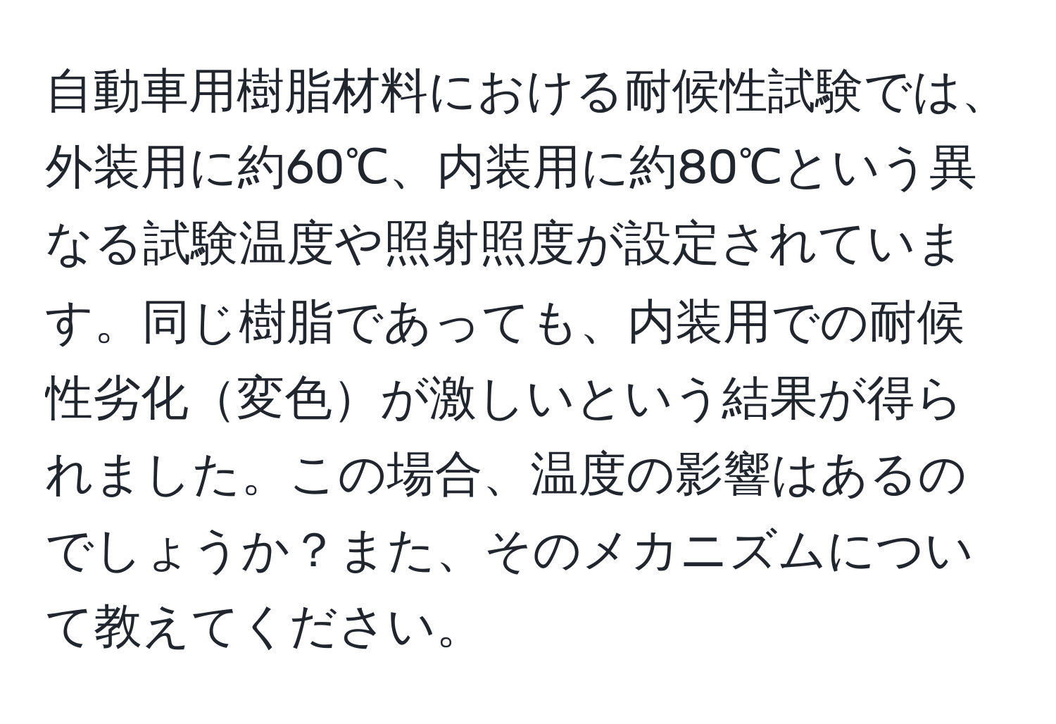 自動車用樹脂材料における耐候性試験では、外装用に約60℃、内装用に約80℃という異なる試験温度や照射照度が設定されています。同じ樹脂であっても、内装用での耐候性劣化変色が激しいという結果が得られました。この場合、温度の影響はあるのでしょうか？また、そのメカニズムについて教えてください。