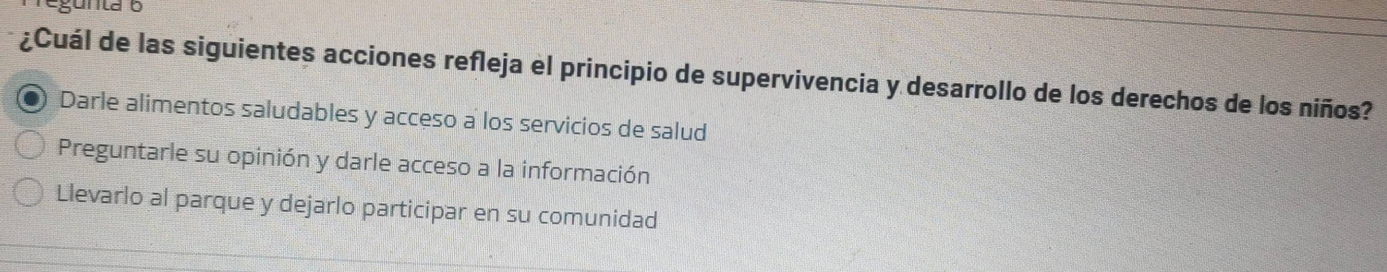 gunta o
¿Cuál de las siguientes acciones refleja el principio de supervivencia y desarrollo de los derechos de los niños?
Darle alimentos saludables y acceso a los servicios de salud
Preguntarle su opinión y darle acceso a la información
Llevarlo al parque y dejarlo participar en su comunidad