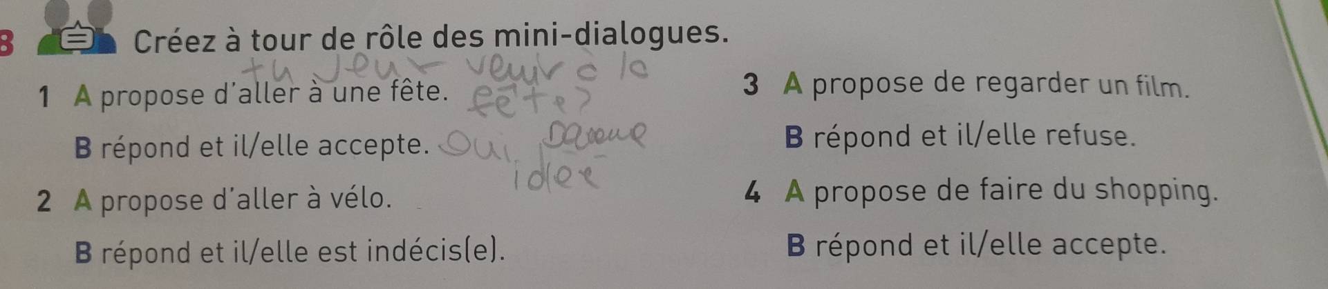 Créez à tour de rôle des mini-dialogues.
1 A propose d'aller à une fête.
3 A propose de regarder un film.
B répond et il/elle accepte. B répond et il/elle refuse.
2 A propose d'aller à vélo. 4 A propose de faire du shopping.
B répond et il/elle est indécis(e). B répond et il/elle accepte.