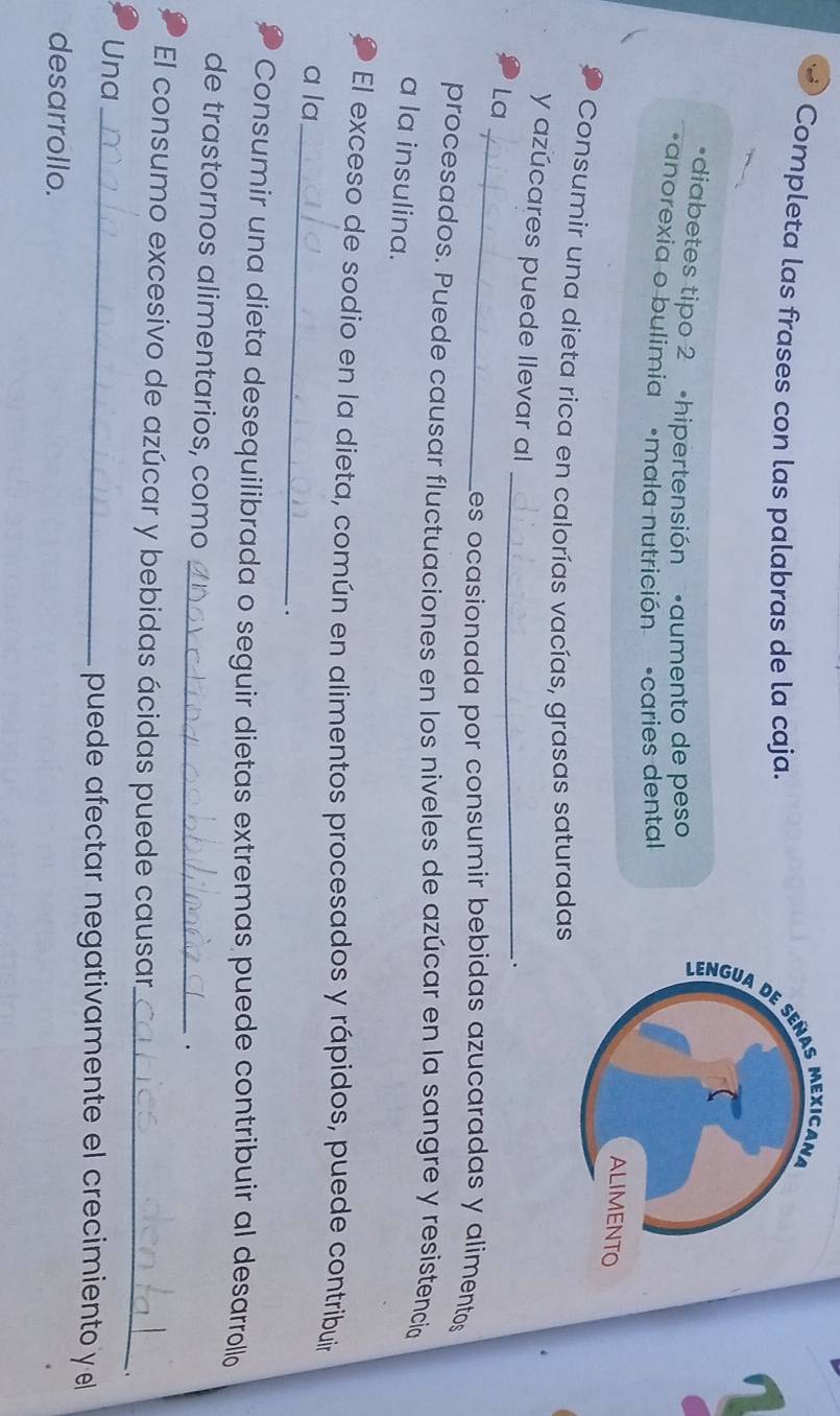 Completa las frases con las palabras de la caja.
diabetes tipo 2 «hipertensión ·aumento de peso
*anorexia o bulimia •mala nutrición •caries dental
Consumir una dieta rica en calorías vacías, grasas saturadas
y azúcares puede llevar al_
.
_
La
Les ocasionada por consumir bebidas azucaradas y alimentos 
procesados. Puede causar fluctuaciones en los niveles de azúcar en la sangre y resistencia
a la insulina.
El exceso de sodio en la dieta, común en alimentos procesados y rápidos, puede contribuir
a la
_
.
Consumir una dieta desequilibrada o seguir dietas extremas puede contribuir al desarrollo
de trastornos alimentarios, como_
.
El consumo excesivo de azúcar y bebidas ácidas puede causar_ .
Una _puede afectar negativamente el crecimiento y el
desarrollo.