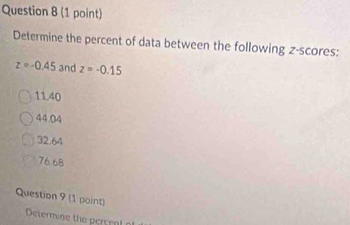 Determine the percent of data between the following z-scores:
z=-0.45 and z=-0.15
11.40
44.04
32.64
76.68
Question 9 (1 point)