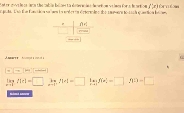 Enter æ-values into the table below to determine function values for a function f(x) for various
nputs. Use the function values in order to determine the answers to each question below.
cnier takin
Answer Attemptt out of 2
9 =∞ DNE wbdined
limlimits _xto 1^-f(x)=□ limlimits _xto 1^+f(x)=□ limlimits _xto 1f(x)=□ f(1)=□
Submit Anower