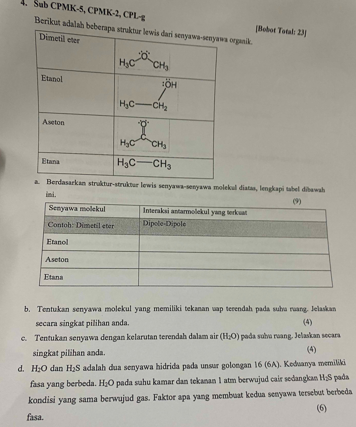 Sub CPMK-5, CPMK-2, CPL-g
[Bobot Total: 23]
Berikut adaorganik.
ruktur lewis senyawa-senyawa molekul diatas, lengkapi tabel dibawah
ini.
b. Tentukan senyawa molekul yang memiliki tekanan uap terendah pada suhu ruang. Jelaskan
secara singkat pilihan anda. (4)
c. Tentukan senyawa dengan kelarutan terendah dalam air (H_2O) pada suhu ruang. Jelaskan secara
singkat pilihan anda.
(4)
d. H_2O dan H₂S adalah dua senyawa hidrida pada unsur golongan 16 (6A). Keduanya memiliki
fasa yang berbeda. H_2O 9 pada suhu kamar dan tekanan 1 atm berwujud cair sedangkan H₂S pada
kondisi yang sama berwujud gas. Faktor apa yang membuat kedua senyawa tersebut berbeda
(6)
fasa.