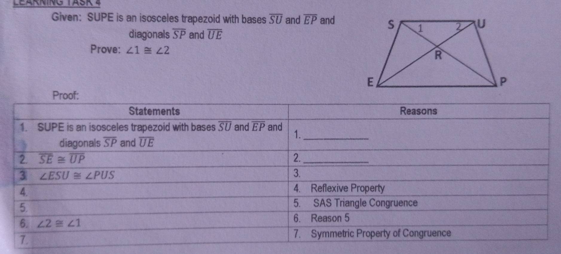 LEAÑNING 1ASK 4
Given: SUPE is an isosceles trapezoid with bases overline SU and overline EP and
diagonals overline SP and overline UE
Prove: ∠ 1≌ ∠ 2