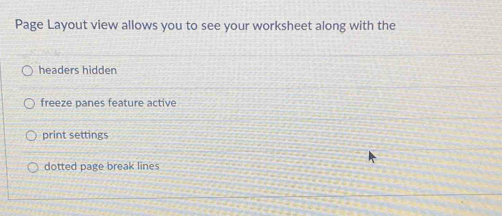 Page Layout view allows you to see your worksheet along with the 
headers hidden 
freeze panes feature active 
print settings 
dotted page break lines