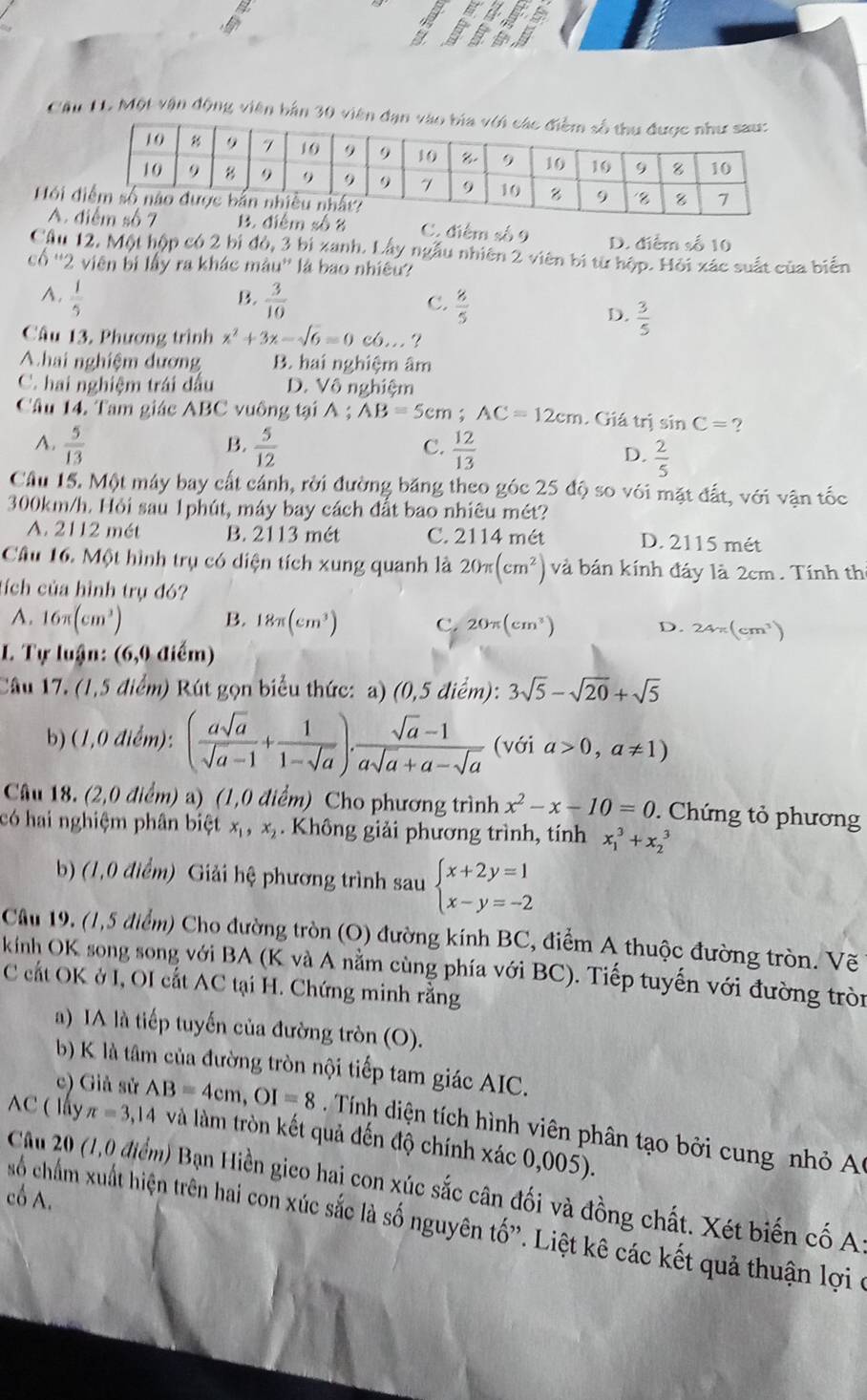 Câu LL Một vận động viên bản 30 viên đạ
Hôi 
A.  8 C. điểm số 0 D. điểm số 10
Câu 12. Một hộp có 2 bi db,2 3 bị xanh, Lây ngẫu nhiên 2 viên bí từ hộp. Hỏi xác suất của biến
cổ '2 viên bị lấy ra khác mà 411^(99) là bao nhiêu?
A.  1/5   3/10   8/5 
B.
C.
D.  3/5 
Câu 13, Phương trình x^2+3x-sqrt(6)=0 c6... ?
A hai nghiệm dương B. hai nghiệm âm
C. hai nghiệm trái đấu D. Vô nghiệm
Câu 14. Tam giác ABC vuông tại A ; AB=5cm;AC=12cm. Giá trị sin C=
B.
A.  5/13   5/12   12/13  D.  2/5 
C.
Cầu 15. Một máy bay cất cánh, rời đường băng theo góc 25 độ so với mặt đất, với vận tốc
300km/h. Hỏi sau 1phút, máy bay cách đất bao nhiêu mét?
A. 2112 mét B. 2113 mét C. 2114 mét D. 2115 mét
Câu 16. Một hình trụ có diện tích xung quanh là 20π (cm^2) và bán kính đáy là 2cm. Tính th
tích của hình trụ đó?
B.
A. 16π (cm^3) 18π (cm^3) C. 20π (cm^3) D. 24π (cm^3). Tự luận: (6,0 điểm)
Câu 17. (1,5 điểm) Rút gọn biểu thức: a) (0,5die m): 3sqrt(5)-sqrt(20)+sqrt(5)
b) (1,0 điểm): ( asqrt(a)/sqrt(a)-1 + 1/1-sqrt(a) ). (sqrt(a)-1)/asqrt(a)+a-sqrt(a)  (với a>0,a!= 1)
Câu 18. (2,0 điểm) a) (1,0 điểm) Cho phương trình x^2-x-10=0. Chứng tỏ phương
có hai nghiệm phân biệt x_1,x_2. Không giải phương trình, tính x_1^(3+x_2^3
b) (1,0 điểm) Giải hệ phương trình sau beginarray)l x+2y=1 x-y=-2endarray.
Câu 19, (1,5 điểm) Cho đường tròn (O) đường kính BC, điểm A thuộc đường tròn. Vẽ
kính OK song song với BA (K và A nằm cùng phía với BC). Tiếp tuyến với đường tròn
C cất OK ở I, OI cất AC tại H. Chứng minh rằng
a) IA là tiếp tuyến của đường tròn (O).
b) K là tâm của đường tròn nội tiếp tam giác AIC.
c) Giả sử AB=4cm,OI=8 Tính iện tích hình viên phân tạo bởi cung nhỏ  
AC ( lấy π =3,14 là làm tròn kết quả đến độ chính xác 0,005).
Câu 20 (1,0 điểm) Bạn Hiền gico hai con xúc sắc cân đối và đồng chất. Xét biến cố A:
cổ A.
uố chẩm xuất hiện trên hai con xúc sắc là số nguyên tố'. Liệt kê các kết quả thuận lợi ở
