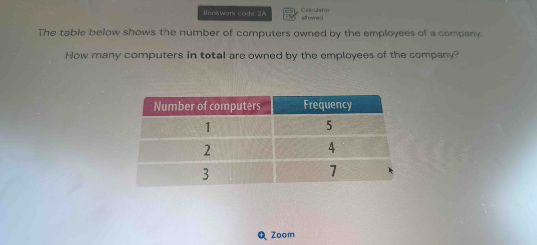 Bookwork code: 2A Calculator 
allowed 
The table below shows the number of computers owned by the employees of a company. 
How many computers in total are owned by the employees of the company? 
+ Zoom