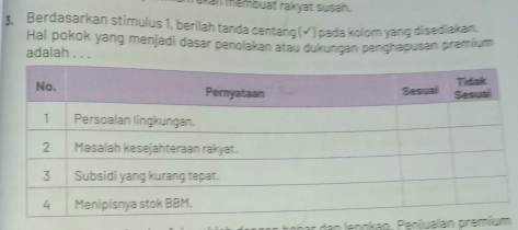 an membuat rakyat susah . 
3. Berdasarkan stimulus 1, berilah tanda centang (√ ) pada kolom yang disediakan. 
Hal pokok yang menjadi dasar penolakan atau dukungan penghapusan premium 
adalah . . . 
dao leookan, Penfuallan premüum