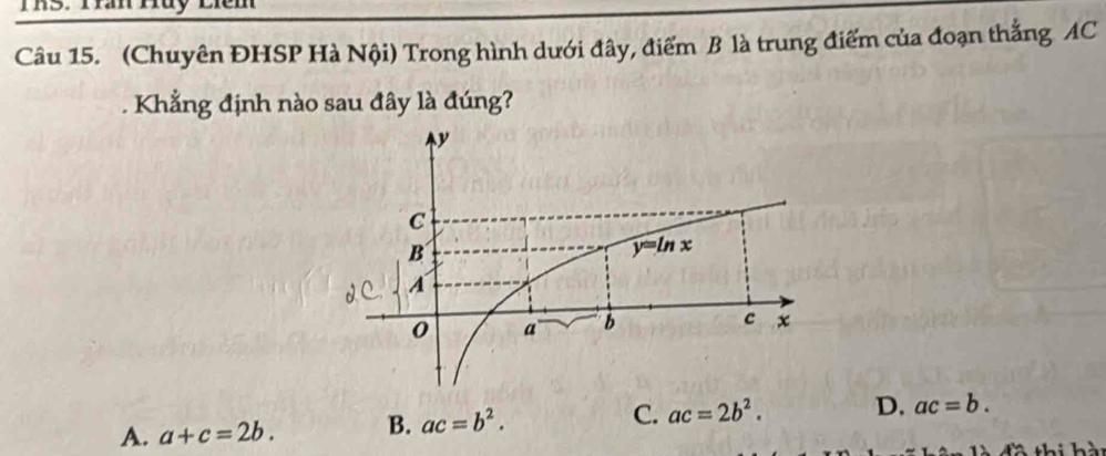 Th5. Tan huy Liêm
Câu 15. (Chuyên ĐHSP Hà Nội) Trong hình dưới đây, điểm B là trung điểm của đoạn thắng AC
Khẳng định nào sau đây là đúng?
A. a+c=2b. B. ac=b^2. C. ac=2b^2. D, ac=b.
đô thi hà